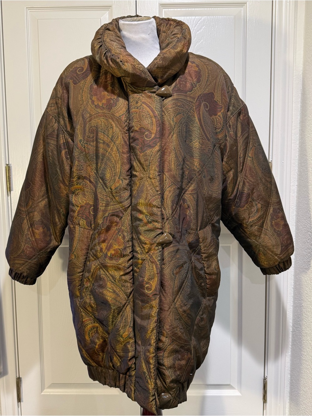 Vintage Neiman Marcus Down Paisley Coat XS Brown Gold Oversized Puffer Long